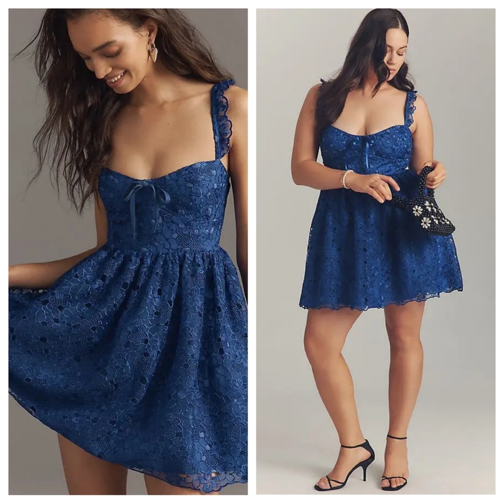 NEW Anthropologie Dress Womens M Blue Lace Babydoll Party Event Feminine Preppy